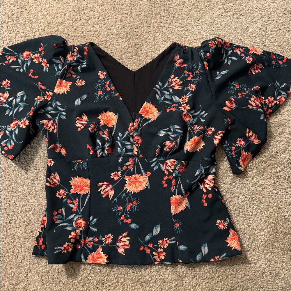 Pinup Couture Teal Floral V-Neck Blouse with Coral Blooms - Picture 3 of 7